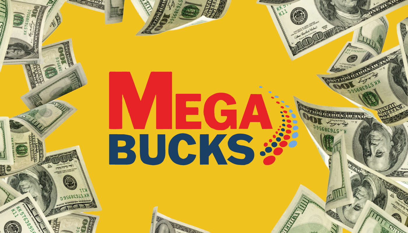 The Massachusett's Megabucks logo over a yellow background and U.S. dollar bills.