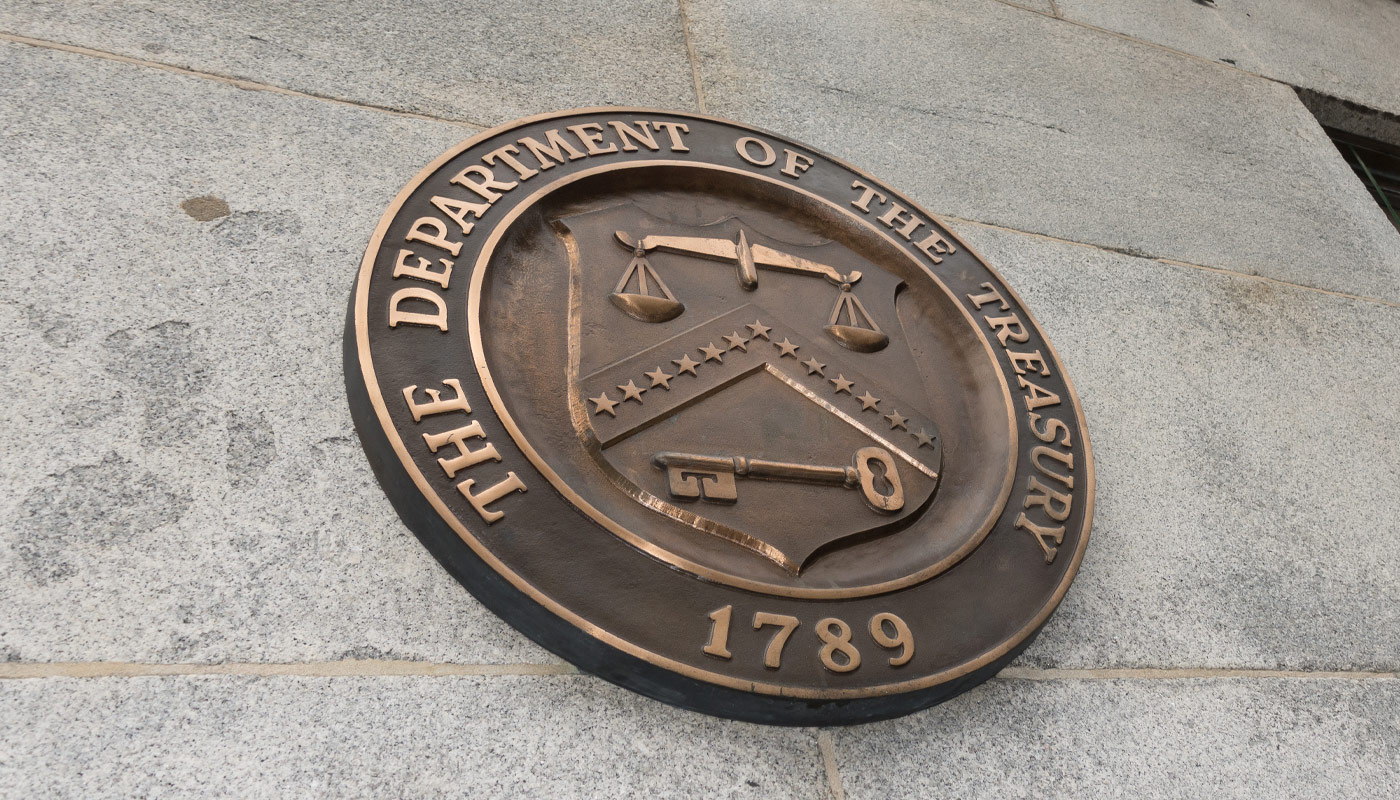The U.S. Treasury Department seal near one of the entrances to their building.