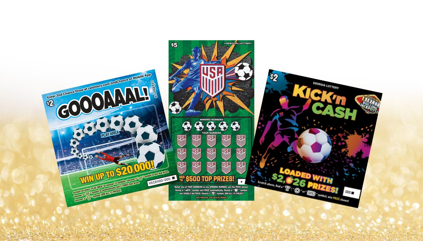 A picture of the GOOOAAAL!, U.S. Soccer ticket, and Kick 'n Cash scratch-off tickets.
