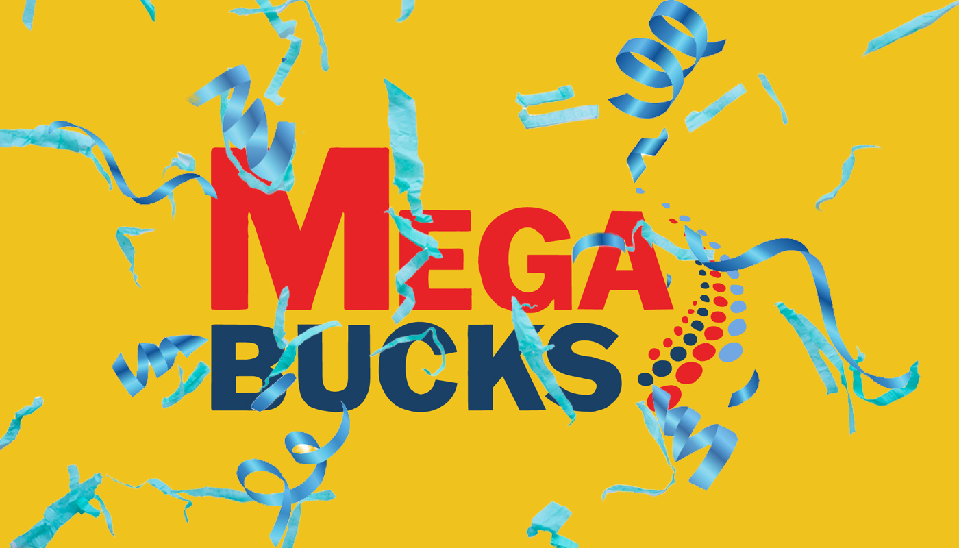 The Massachusetts Lottery Megabucks logo over a yellow background with blue confetti.