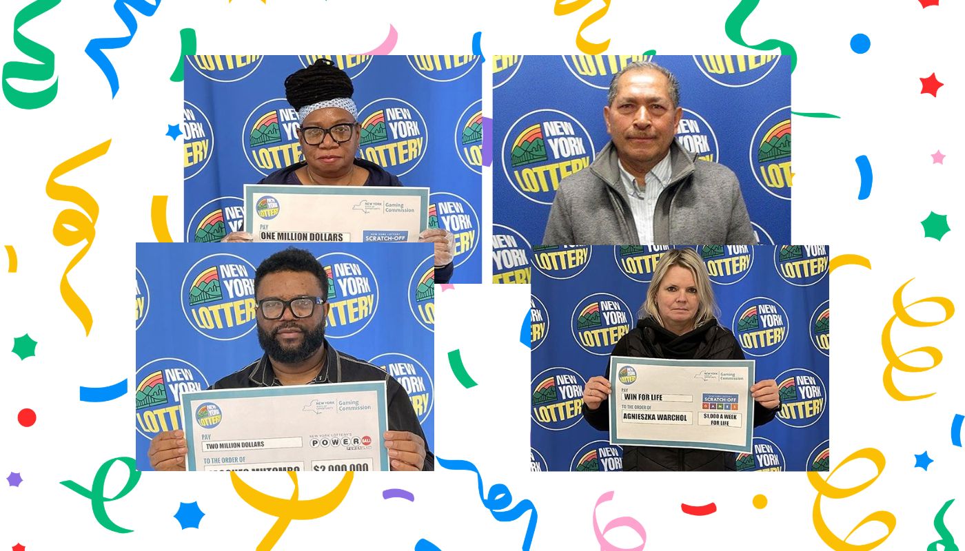 Agnieszka Warchol, Francine Fortune, Jacques Mutombo, and Mario Rodriguez Donis with their New York Lottery checks.