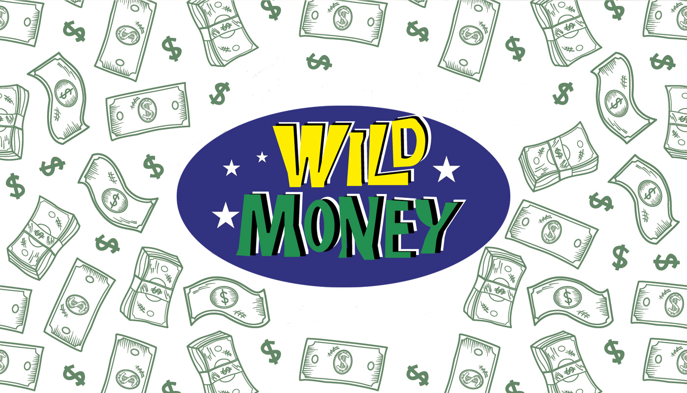 The Rhode Island Lottery Wild Money logo over a white background with drawings of dollar bills.