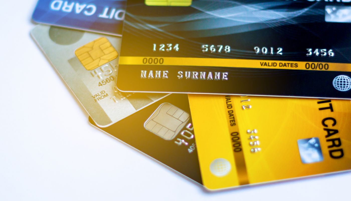 Credit cards on a desk.