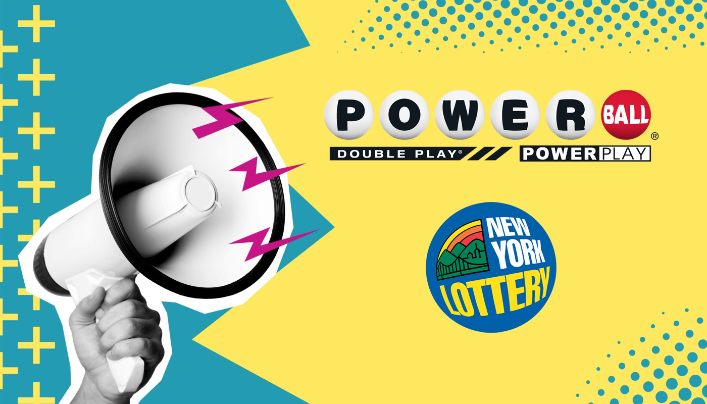 A hand holding a megaphone, along with the New York Lottery and Powerball logos.