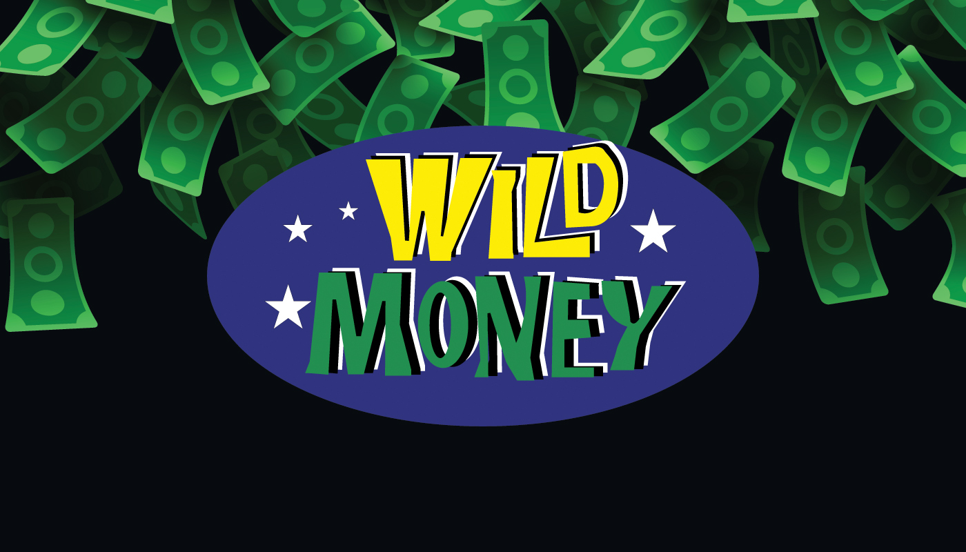 The Rhode Island Lottery Wild Money logo over a black background with dollar bills.