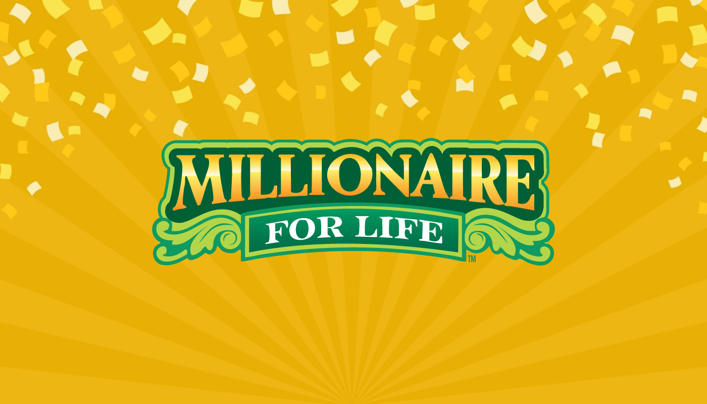 The Millionaire for Life logo over a golden background with confetti.