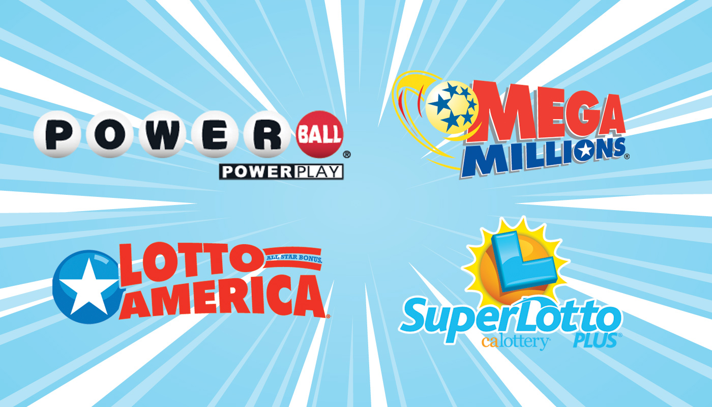 The Powerball, Mega Millions, Lotto America, and California SuperLotto Plus logos.