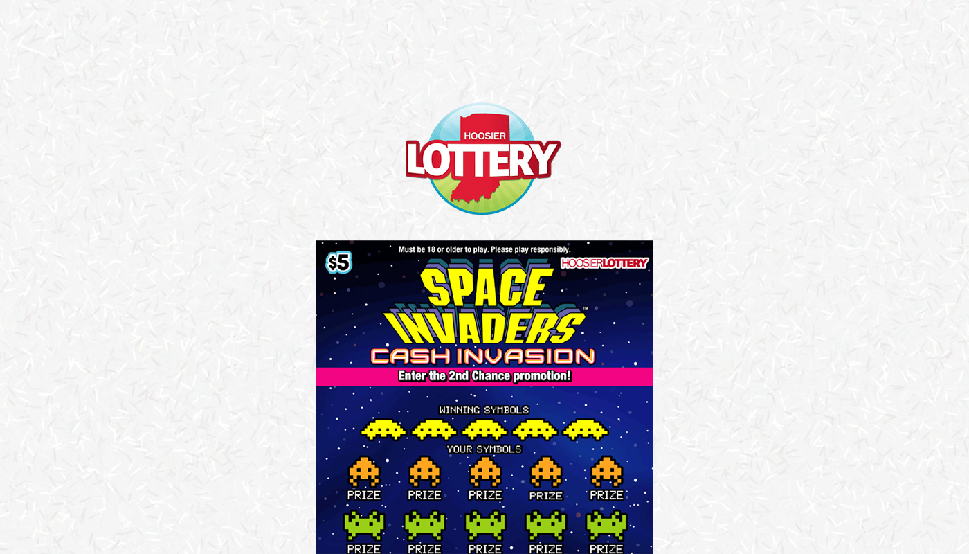 The Hoosier Lottery logo along with a picture of the $5 Space Invaders Cash Invasion scratch-off ticket.