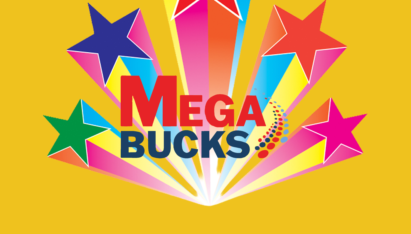 The Massachusetts Lottery Megabucks logo over a yellow background with shooting stars.