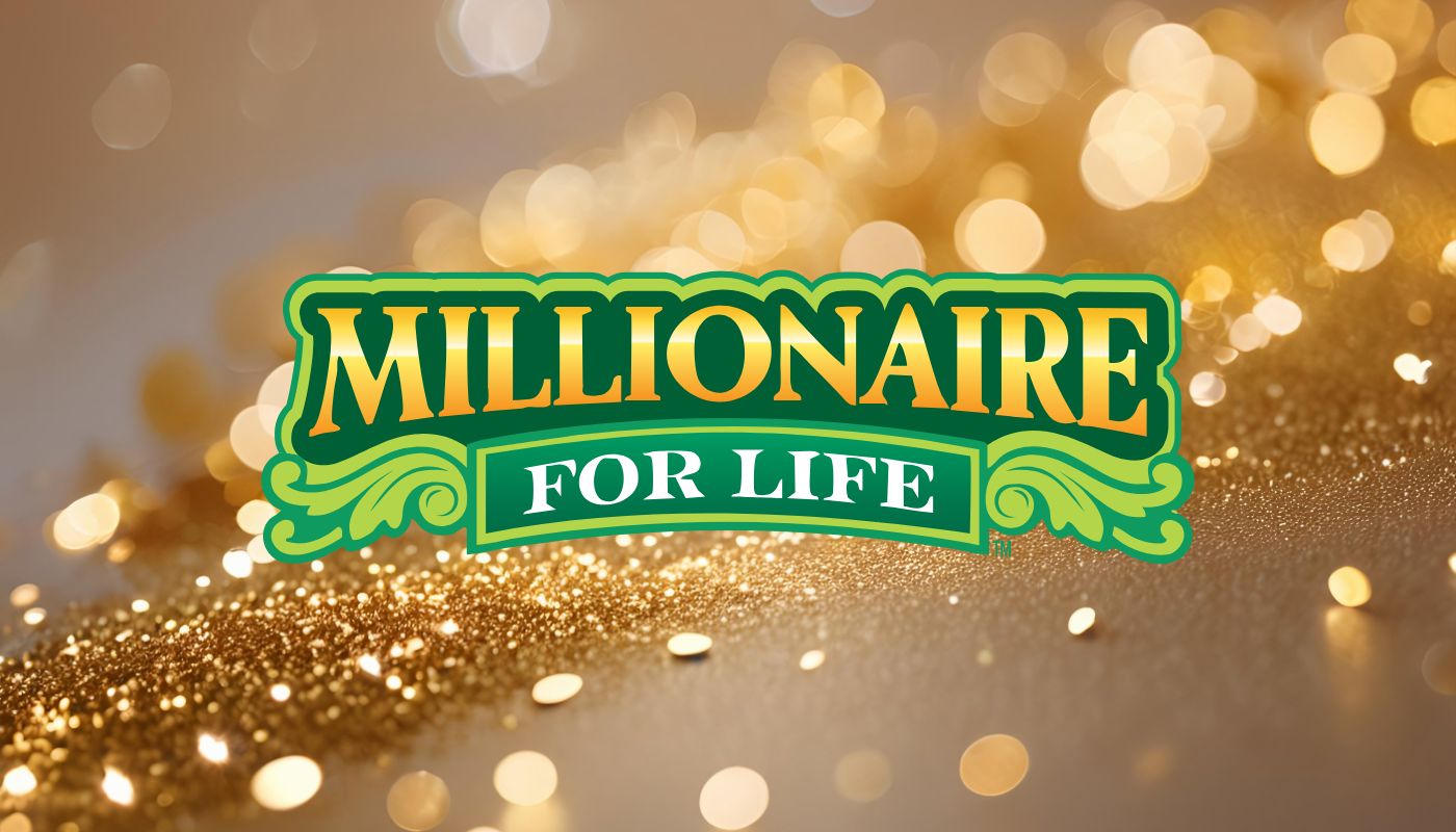The Millionaire for Life logo over a background with golden sparks.