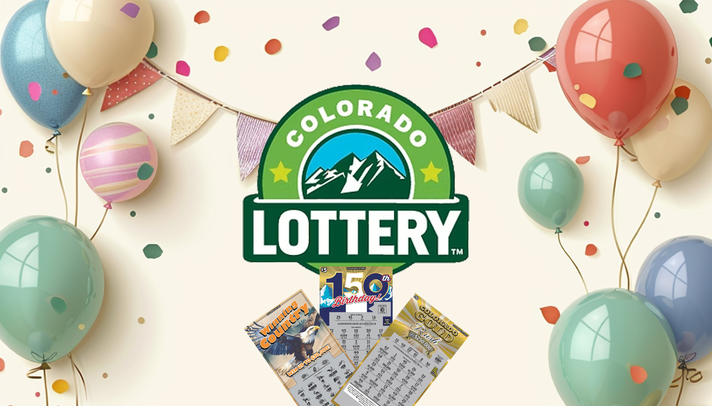 The Colorado Lottery logo over a background with birthday party items.