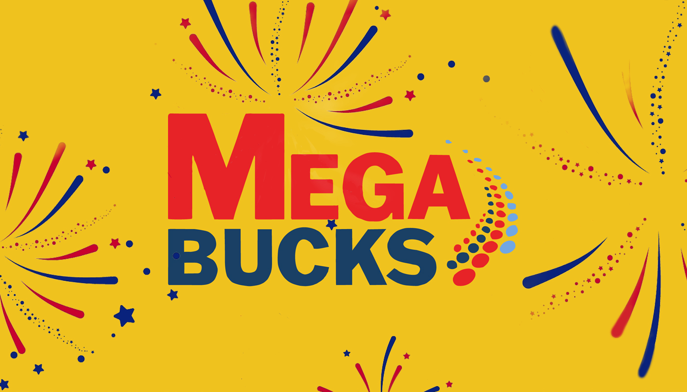 The Massachusetts Lottery Megabucks logo over a yellow background with fireworks.