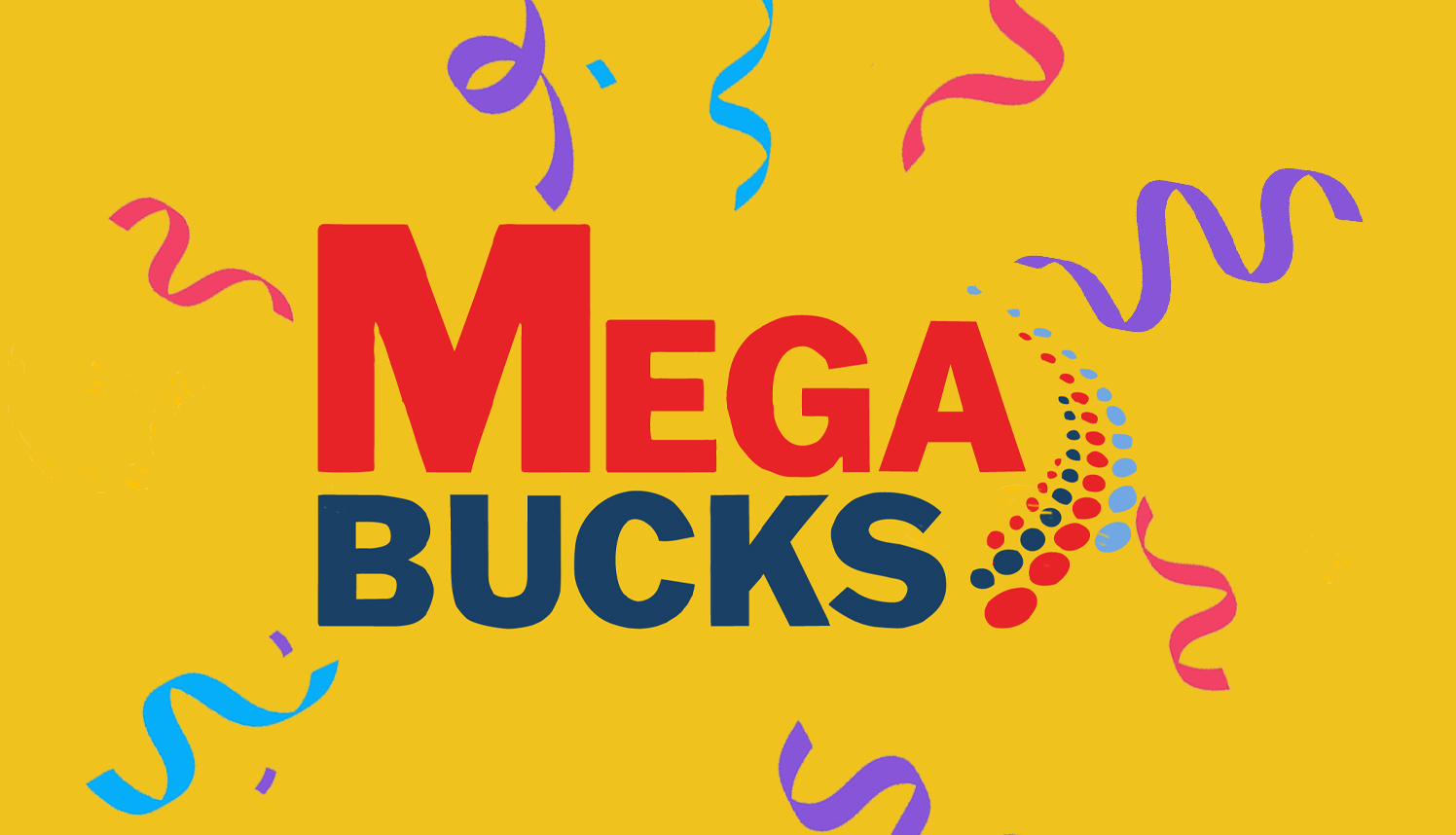 The Massachusetts Lottery Megabucks logo over a yellow background with confetti.