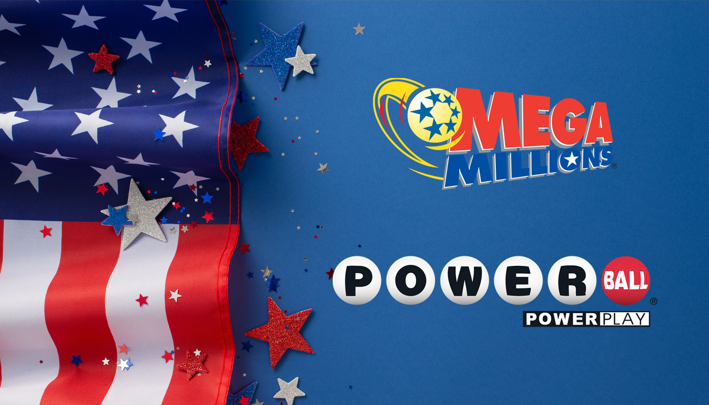 The Powerball and Mega Millions logo over a blue background with a United States flag.