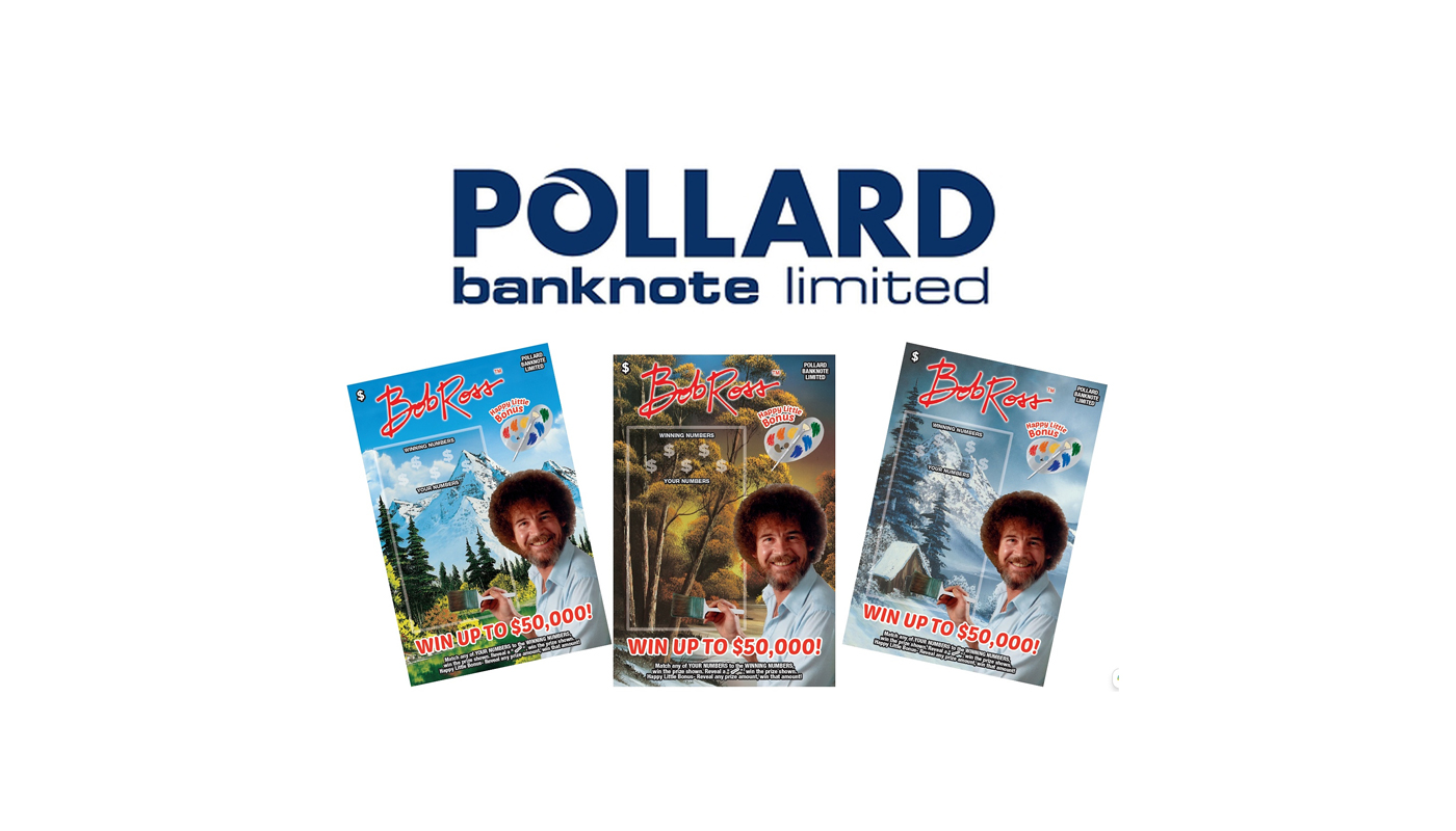 The Pollard Banknote Limited logo and sample Bob Ross-related scratch-off artwork.