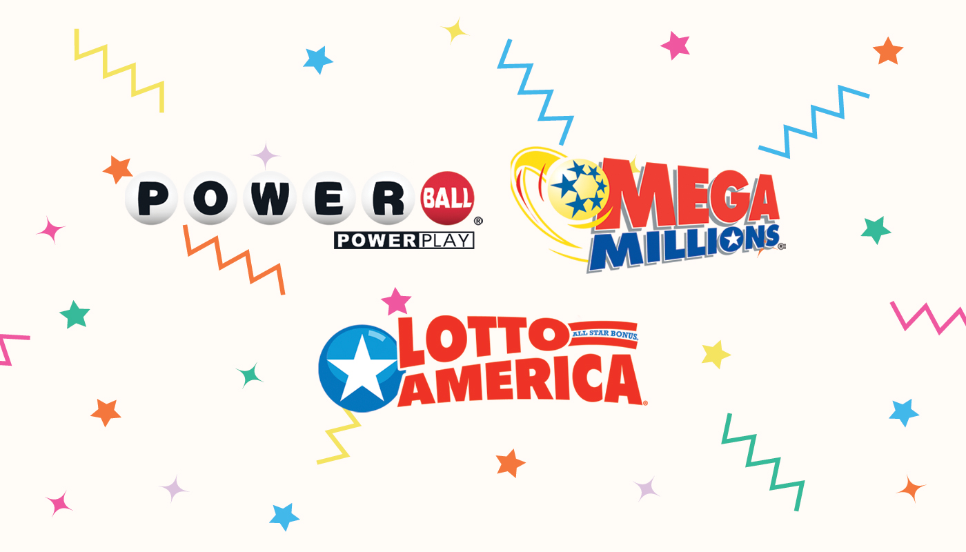 The Powerball, Mega Millions, and Lotto America logos over a white background with confetti.