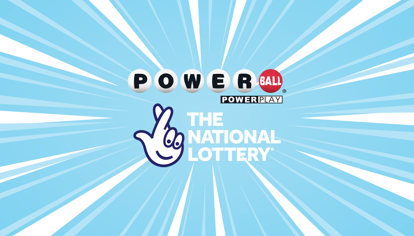 The Powerball and the UK National Lottery logos over a sky blue background with white rays.