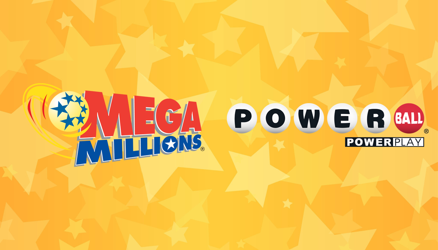 The Mega Millions and Powerball logos over a yellow background with stars.