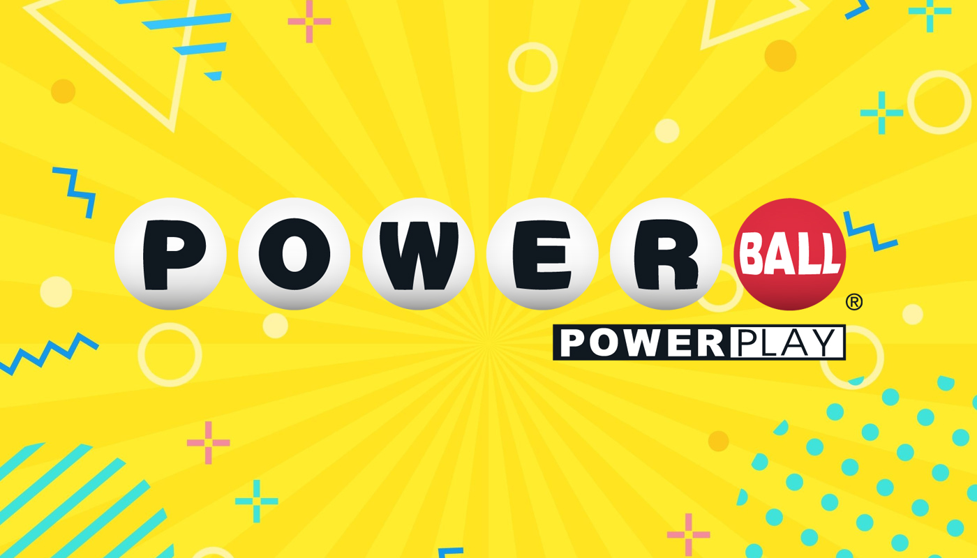 The Powerball logo over a yellow background with confetti.