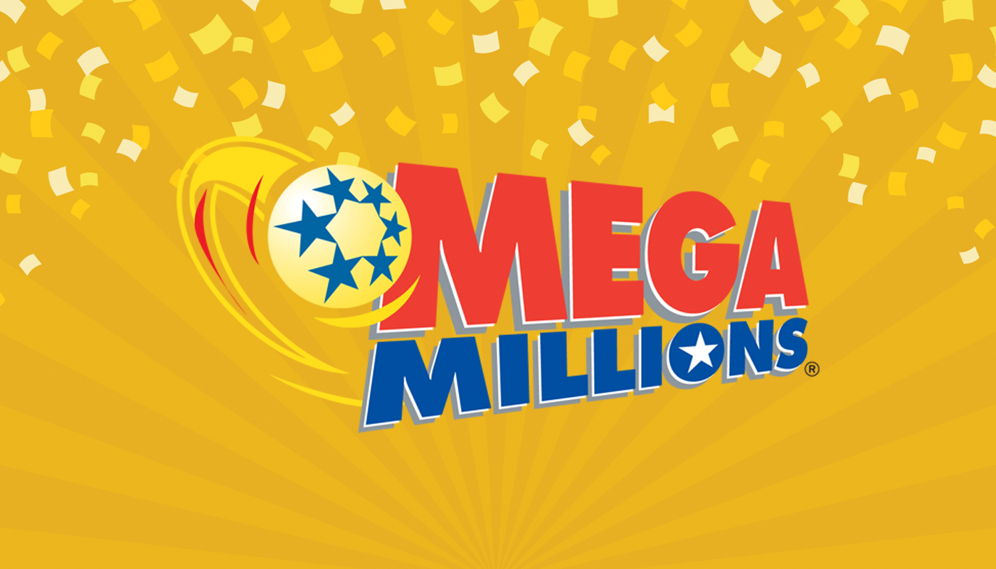 The Mega Millions logo over a golden background with rays and confetti.