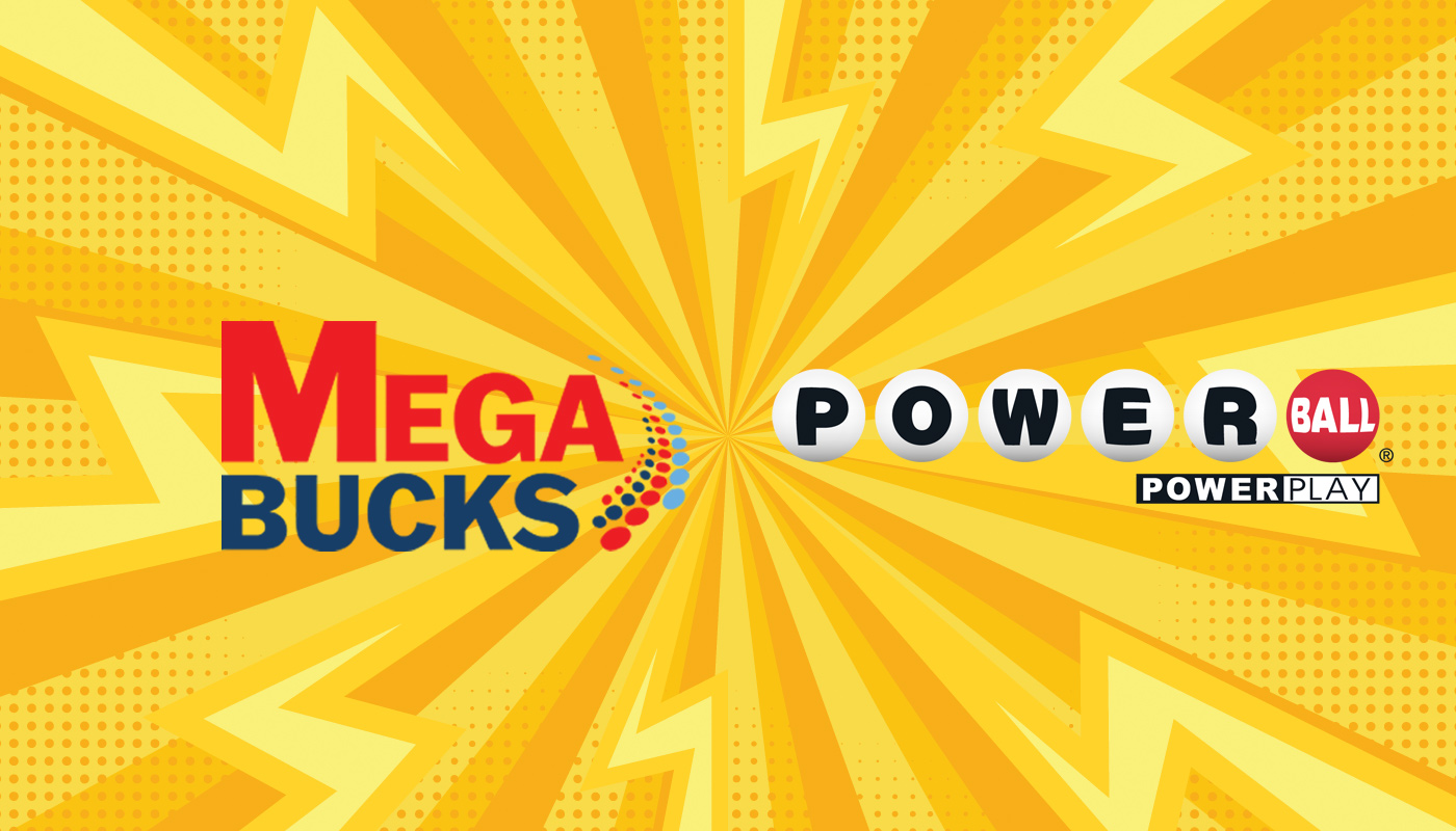 The Massachusetts Mega Bucks and Powerball logos over a yellow background.