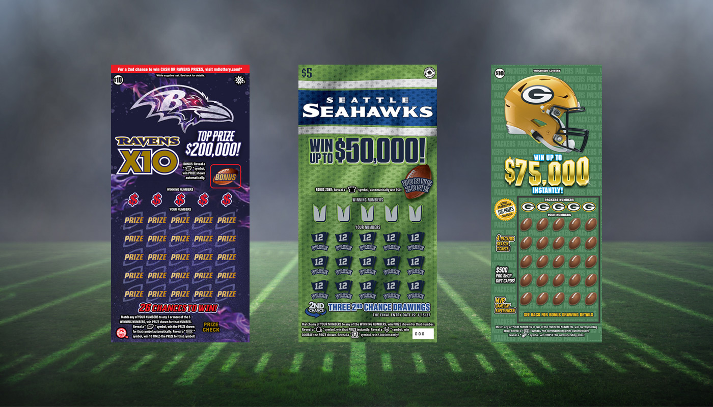 A Maryland Lottery, a Washington Lottery, and a Wisconsin Lottery NFL themed scratch off ticket.
