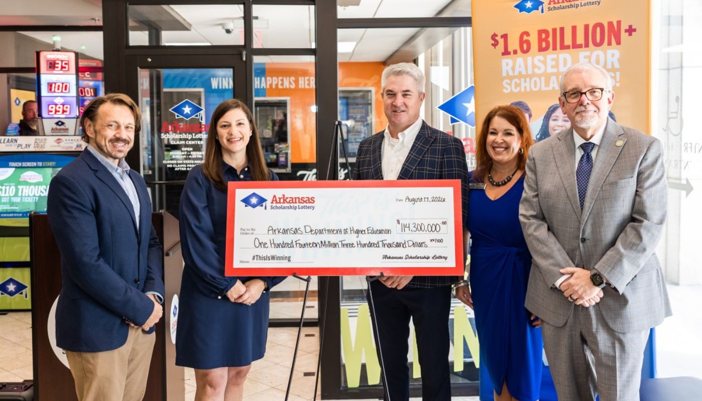 Representatives from ADHE, ASL and DFA pose with a $114.3 million check. Left to right: Nicholas Fuller, Sharon Strong, Dr. Ken Warden, Alisha Lewis and Jim Hudson.