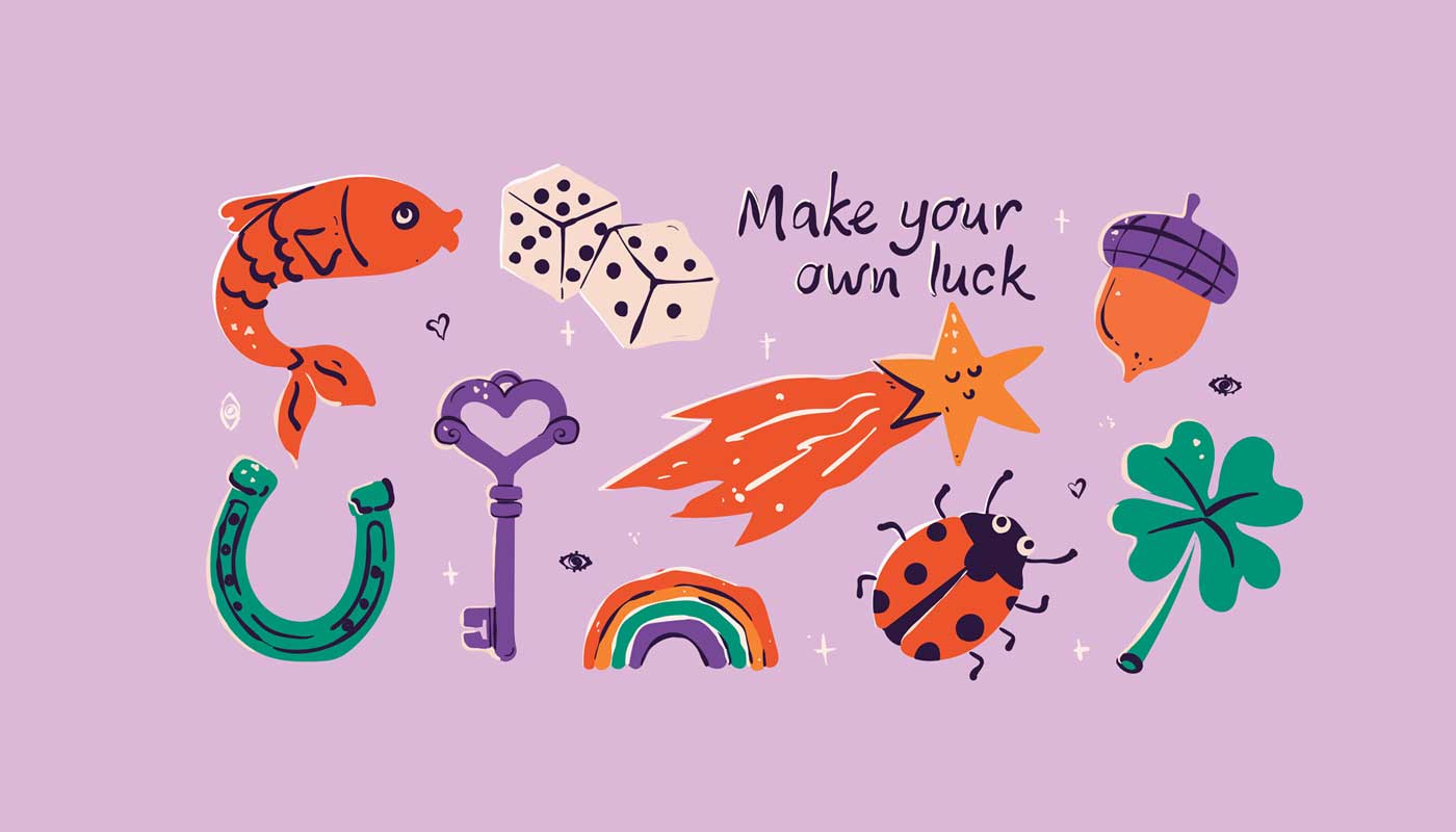 Lucky items: fish, horseshoe, key, rainbow, shooting star, ladybug, four-leaf clover, acorn, dice.