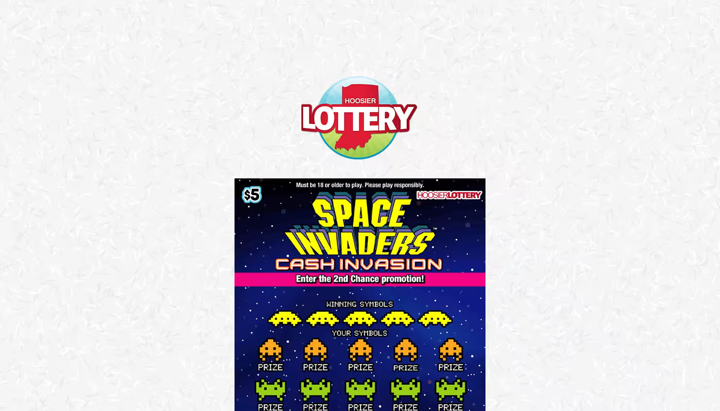 The Hoosier Lotto logo and a Hoosier Lottery Space Invaders scratch-off ticket.