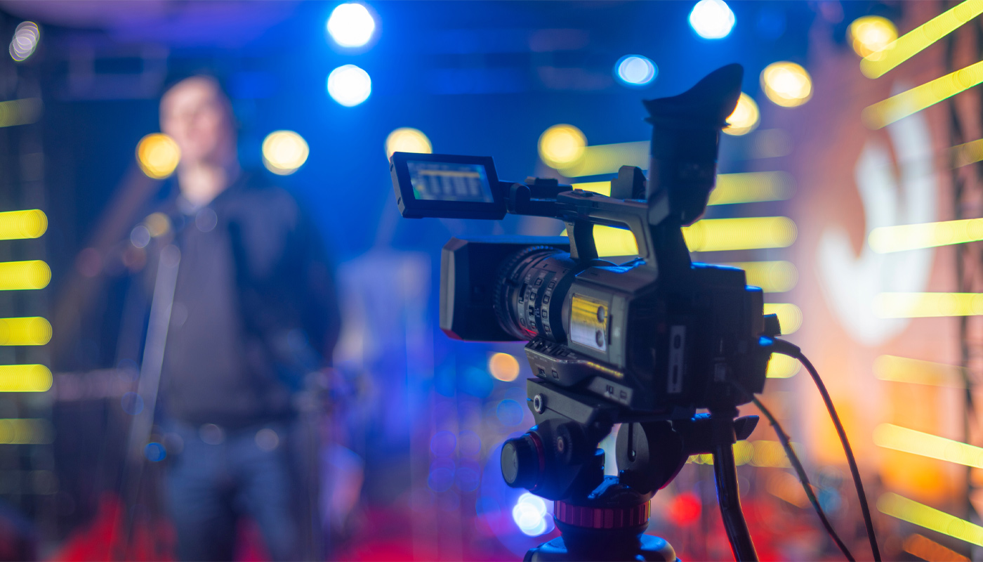 A TV camera on a filming stage.