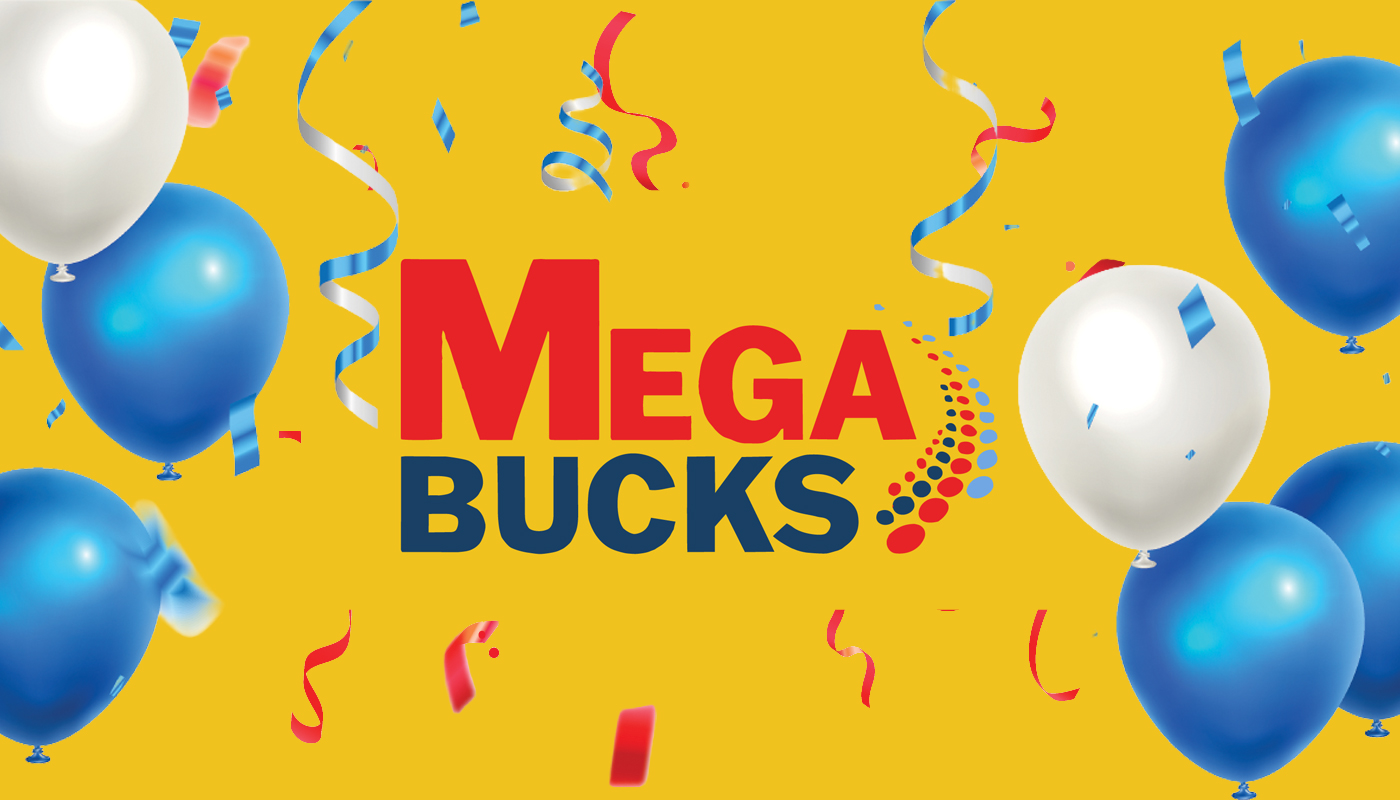 The Megabucks logo over a yellow background with confetti and baloons.