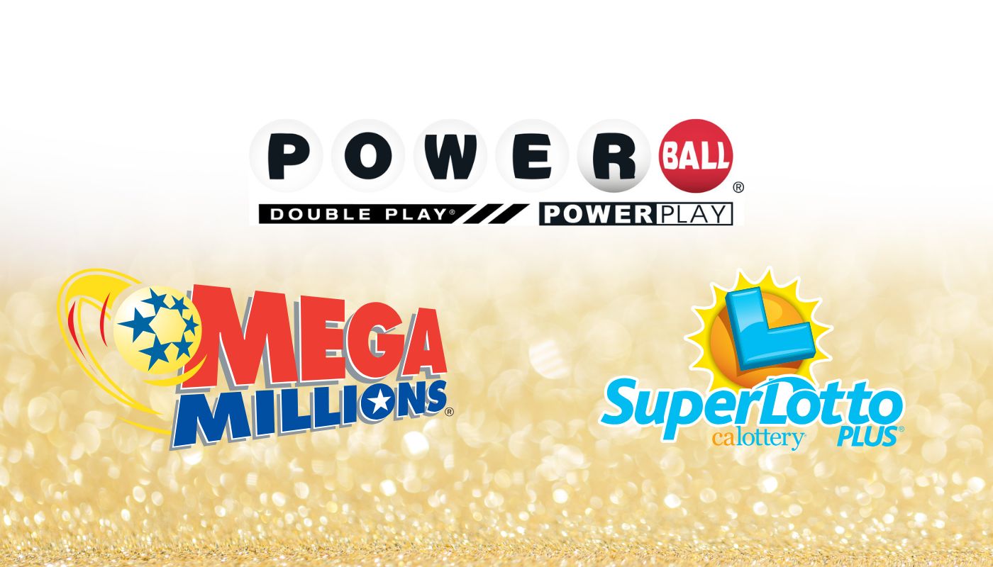 The Powerball, Mega Millions, and California Superlotto logos over a white and golden background.