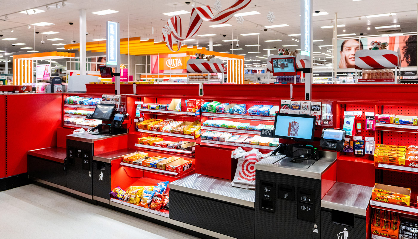 A photo of a self check out lane at a store.