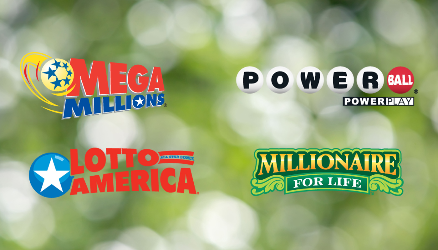 The Powerball, Lotto America, Millionaire for Life, and Mega Millions logos.