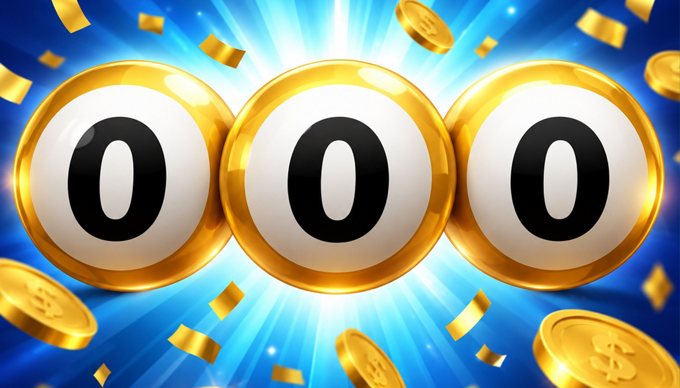 Three lottery balls with the number 0, over a blue background with golden coins.