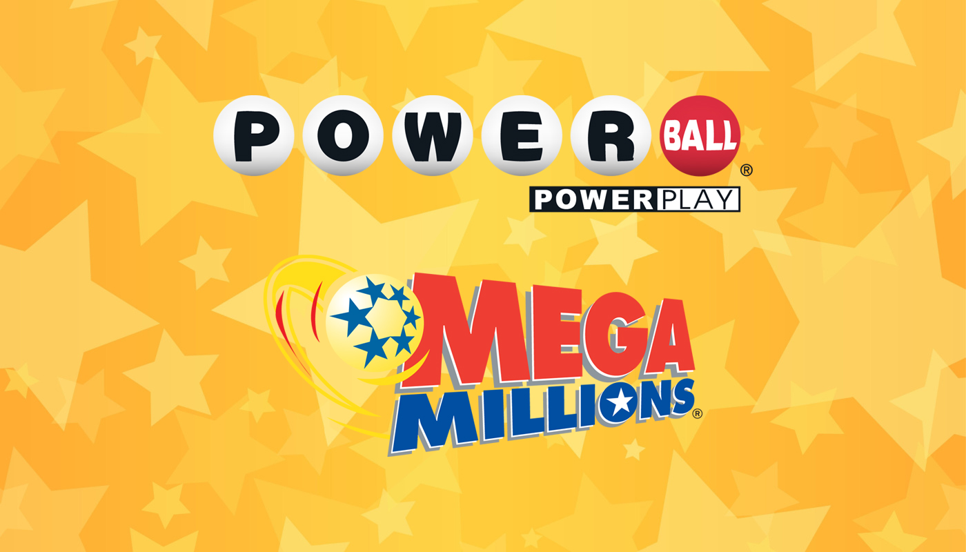 The Powerball and Mega Millions logos over a yellow background with stars.
