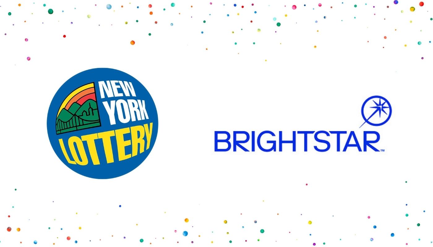 The New York Lottery and Brighstar logos over a white background with confetti.