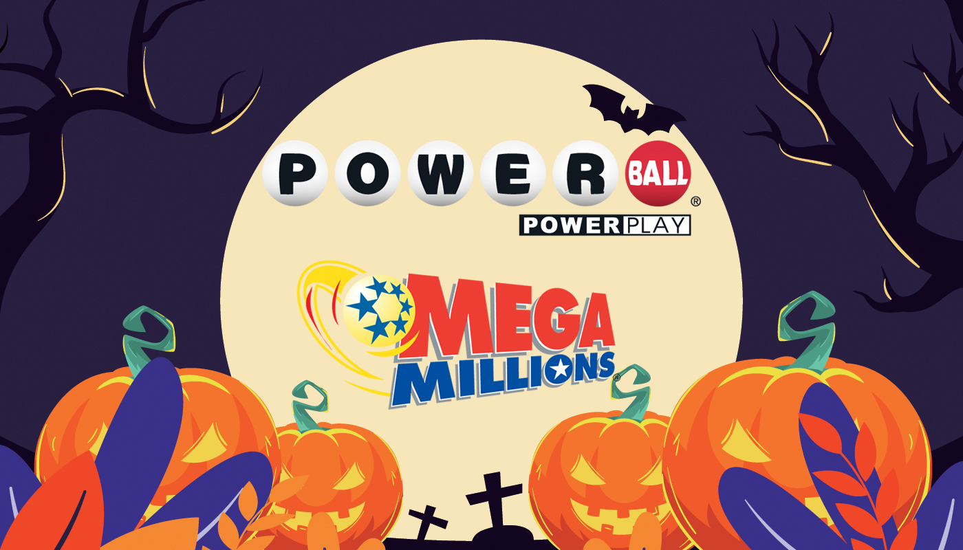 The Powerball and Mega Millions logos over a Halloween-themed background.